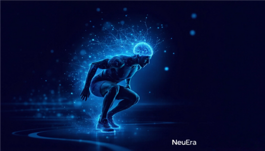 Image ultra réaliste 8K d’un athlète en pleine action sportive, avec des projections holographiques représentant le système nerveux, la vision et les réflexes, illustrant le rôle du cerveau dans la performance sportive. Logo NeuEra intégré subtilement.