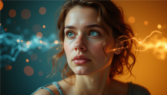 • Portrait ultra réaliste d'une personne dont les yeux révèlent différentes directions de pensée, illustrant la synergologie et l’analyse des mouvements oculaires en communication non verbale, avec intégration du logo NeuEra.