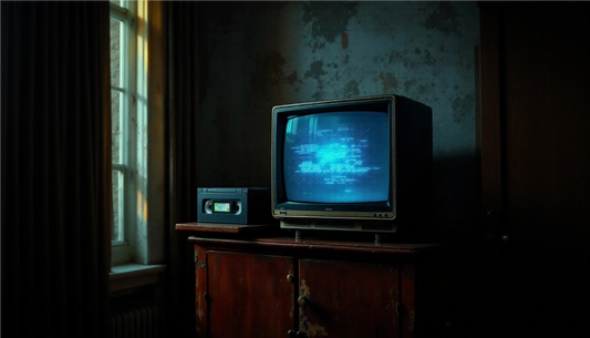 Vieille télévision à tube cathodique affichant des pixels et une cassette VHS noire, ambiance années 80, évoquant l’ancien monde de la thérapie avant le passage à la neurothérapie moderne NeuEra