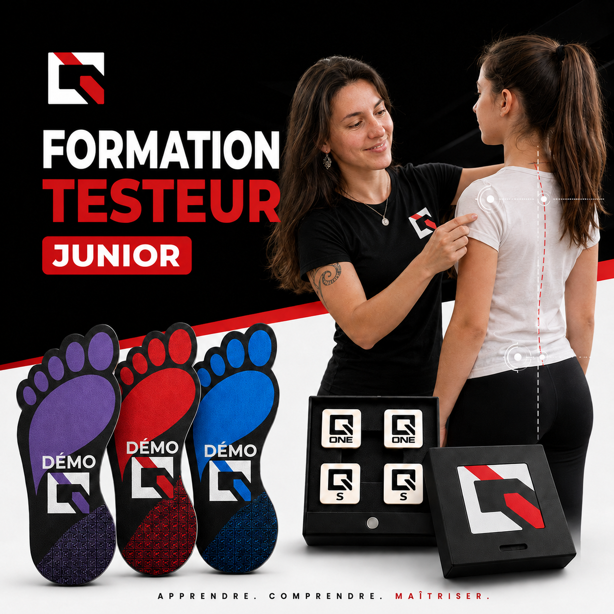 Formation de testeur junior NeuEra Q-Technology avec Q-Box, kit Bigfoot, outils d'évaluation posturale et tests de posture basés sur les neurosciences