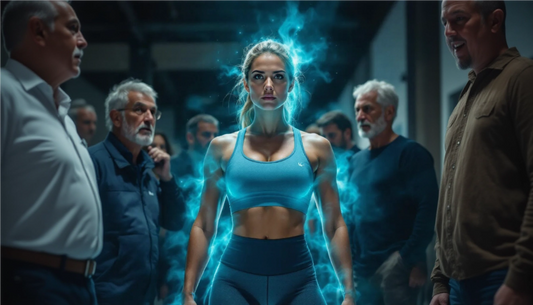 Femme coach confiante et moderne, lumineuse, entourée de praticiens masculins dépassés, symbolisant la nouvelle génération des professionnels du sport et de la santé — ambiance neurothérapie NeuEra.