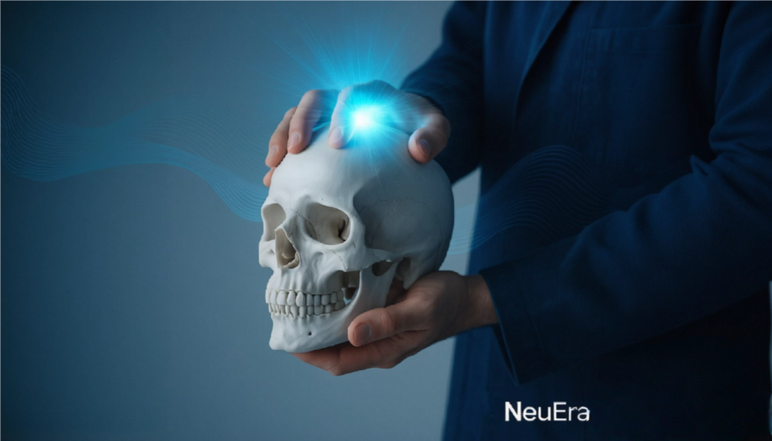 Main de praticien moderne illuminant un crâne stylisé avec une lumière cyan, symbolisant le reset neurothérapeutique et le changement de paradigme proposé par Academia NeuEra, biohacking, thérapie du futur