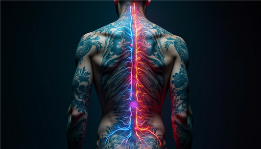 Tatouage et système lymphatique : visualisation réaliste en 8K montrant la migration des pigments d’encre vers les ganglions, perturbations bioélectriques de la peau et charge émotionnelle encodée, illustration NeuEra.