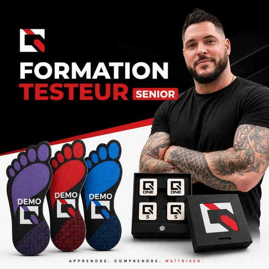 Formation de testeur Senior NeuEra Q-Technology avec Q-Box, kit Bigfoot, outils d'évaluation posturale et tests de posture basés sur les neurosciences